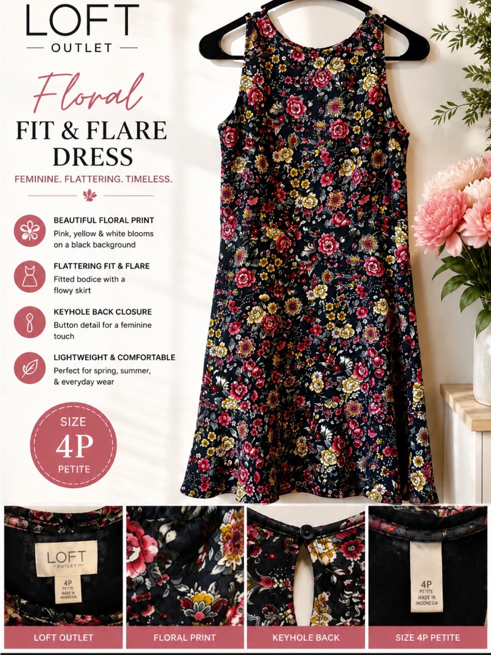 LOFT Floral Sleeveless Dress in Navy with Pink & White Blooms